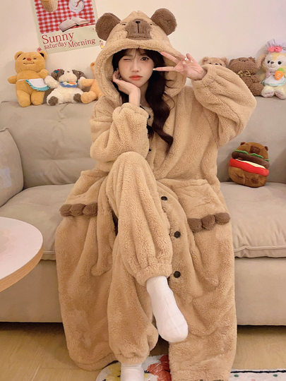 2026 New Coral Fleece Thickened Capybara Pajamas Women's Set Autumn and Winter Sleepwear Loungewear