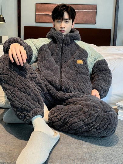 Autumn and Winter Youth Men's Pajamas Three-Layer Quilted Coral Velvet Fleece-Lined Thickeneded Middle School Student Home Clothes Set