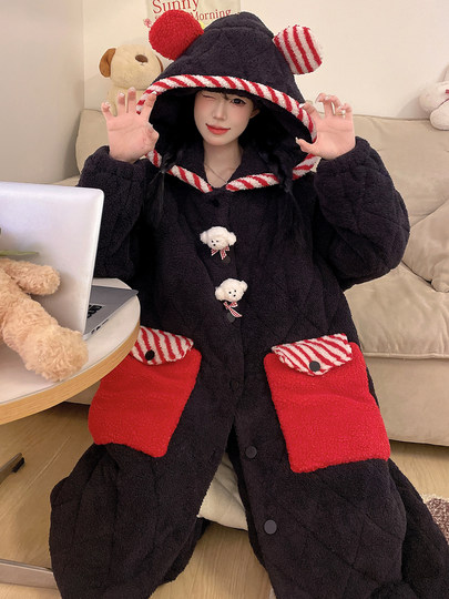 Autumn and Winter Three-Layer Quilted Cotton Women's Nightgown, Cute Puppy Half-Velvet Pajamas, Thickened and Fleece-Lined, Adorable Set, Loungewear