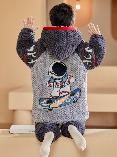 New Three-Layer Quilted Cartoon Children's Set for Autumn and Winter, Boys' Coral Fleece Thickened Pajamas and Loungewear