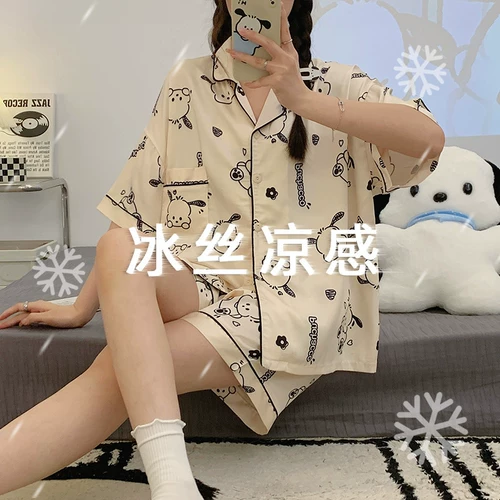Милая шелковая пижама, летний мультяшный комплект, 2024 года, популярно в интернете, короткий рукав