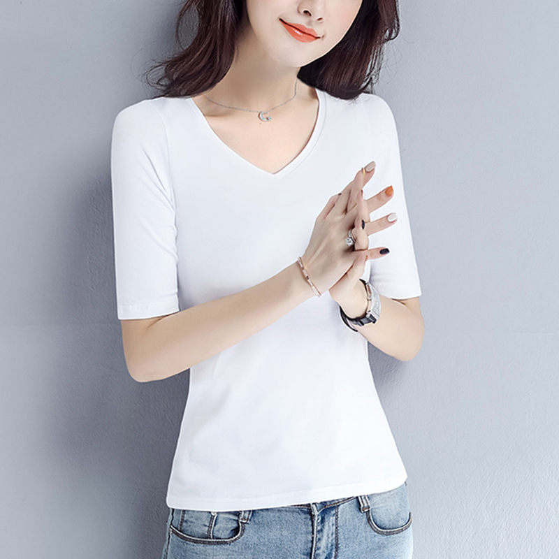 images 6:Pure cotton black medium-sleeved t-shirt girl thinner body with half-sleeved half-collar bowl top girl in five-point sleeve