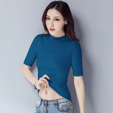 Five-point sleeves half-high collar T-shirt woman tight middle neck shirt 2022 new sleeved cotton seven-point sleeve blouse summer-Taobao