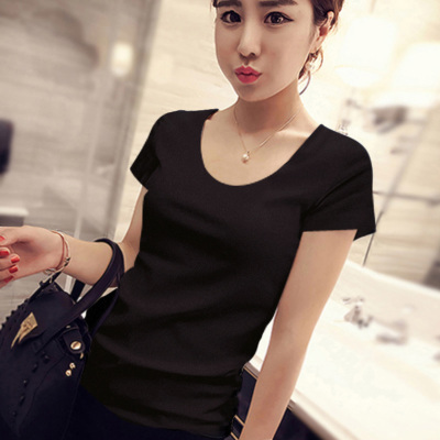 images 7:Red T-shirt black V-neck short-sleeved cotton T-shirt nuns design sense niche half-sleeved low-neck blouse looks thin summer-Taobao