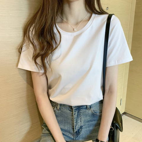 Pure cotton white t-shirt short sleeve summer 2022 new loose thin-dressed undershirt t ⁇  built-in pure-colored thin top