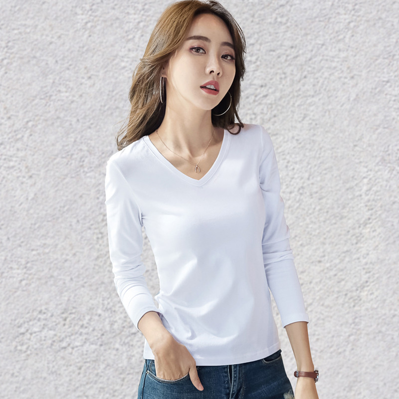 images 7:Early autumn pure cotton-white t-shirt female long-sleeved bottom shirt 2022 new black round collar tightly built low-collar autumn clothes