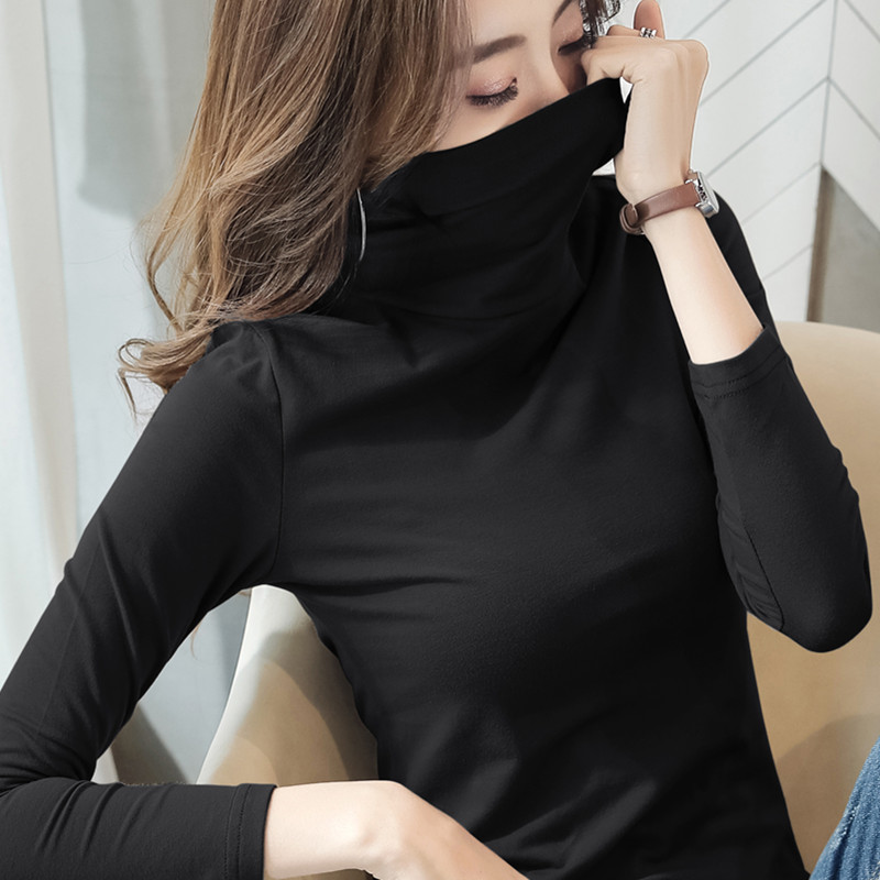 images 1:High collar primers early autumn 2022 new pile collar blue autumn and winter jacquard ladies long sleeved t-shirt blouse tide - Taobao