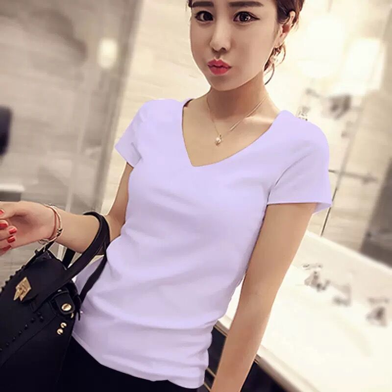images 16:Semi-high-collar short-sleeved T-shirt girl 2022 new early spring bushioned body Korean version blue  ⁇  pure cotton top tide