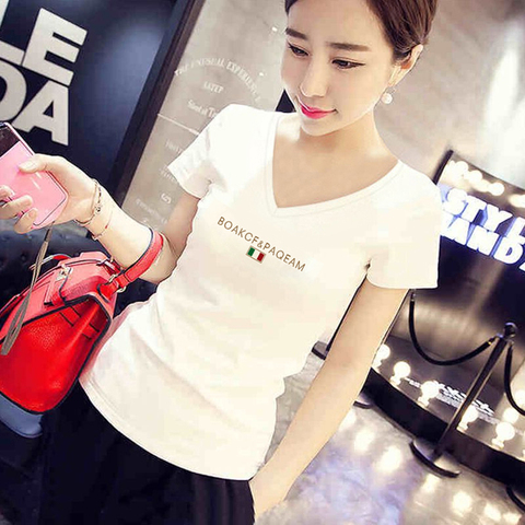 Red T-shirt black V-neck short-sleeved cotton T-shirt nuns design sense niche half-sleeved low-neck blouse looks thin summer-Taobao