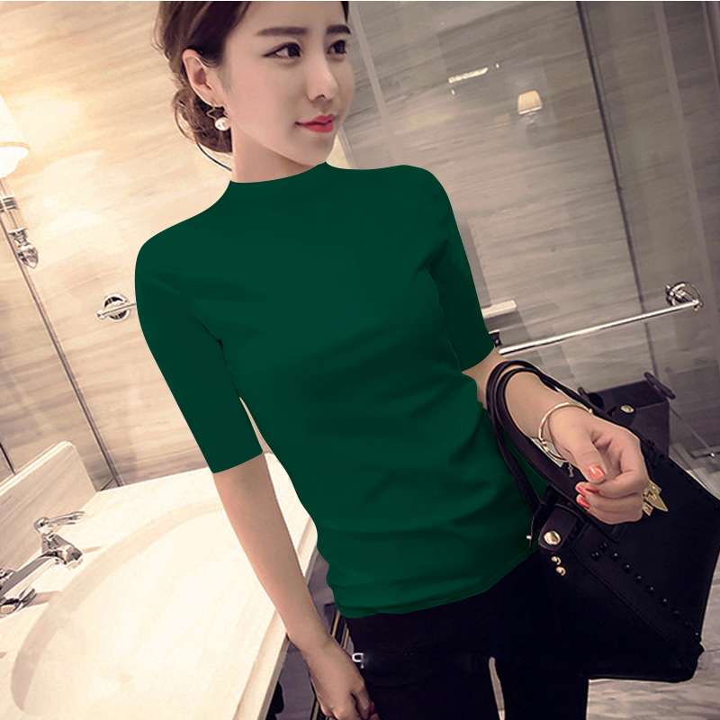 images 3:Five-point sleeve vest womens spring and autumn 2022 new slim Korean half-high collar black mid-sleeved t-shirt - Taobao