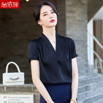 Blue Snowspun Shirt Woman Summer Thin with short sleeves Career Ocean V collar blouses acetate satin white shirt frock
