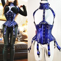 Annzley Blue Patent Leather Double steel bone corset suit Short sexy waist cover-up corset