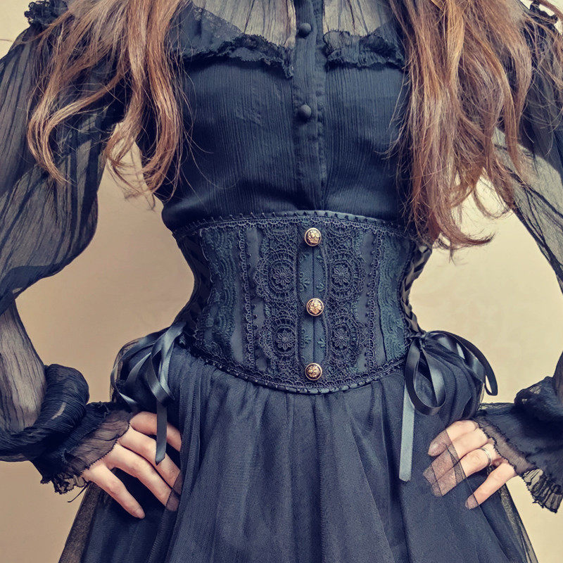 Annzley Lolita Double Steel Bone Outer Belt Black Lace Corset Vest One-piece Belt Strap