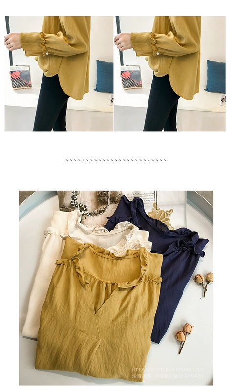 Áo mùa thu phiên bản Hàn Quốc của áo sơ mi nữ cổ chữ V cỡ lớn cho nữ áo dài tay màu mỡ mm rộng áo sơ mi mỏng 200 kg