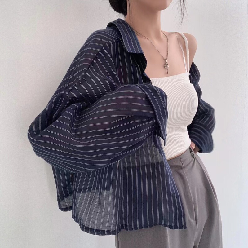 French-Style Short Striped Shirt for Women, Summer Outerwear, Sun Protection Cardigan, Thin Shirt Top