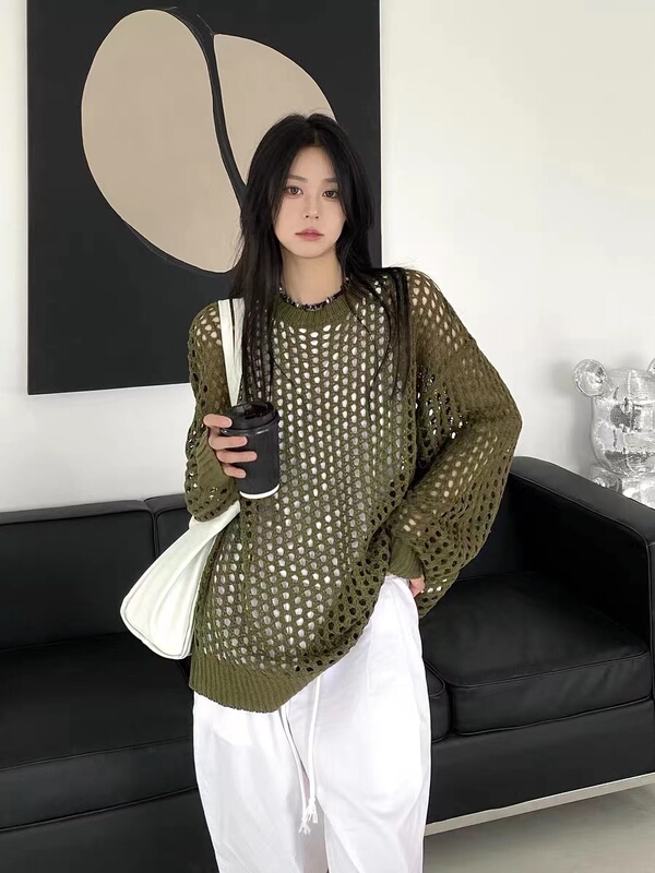 Knitted Hollow-Out Sun Protection Clothing for Women, Summer Thin Style, Loose Design, Niche, Unique, Drapey Long-Sleeved Blouse Top