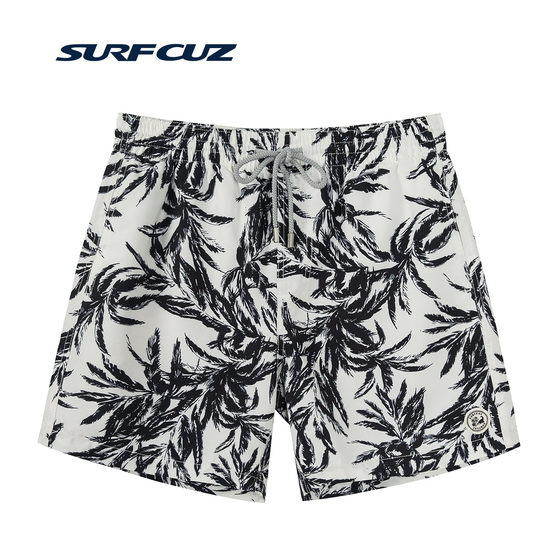 Surfcuz black and white leaf men's diving quick drying beach pants, seaside vacation hot spring swimming pants