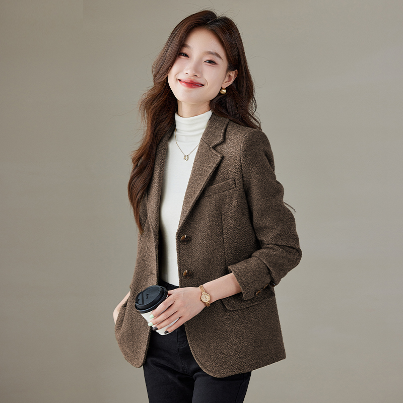 Brown Woolen Blazer for Women 2026 New Spring and Autumn Petite Elegant Ladies Casual Wool Suit Winter