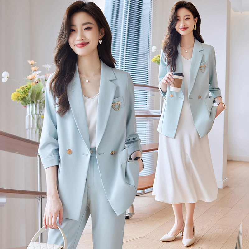 Summer Blue Suit Set for Women, Thin, High-End, Professional Formal Wear, Plus Size Suit Jacket and Dress Two-Piece Set