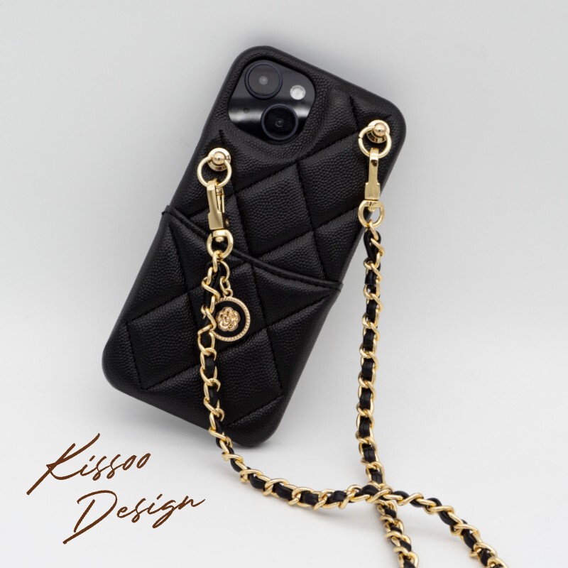 Chanel-Style Caviar Black Leather Quilted Crossbody Metal Chain Phone Case Suitable for Apple 14 Pro Max, New iPhone 15, Exquisite 13, Multi-Functional Original Protective Case