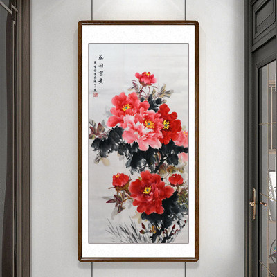 Hand-painted flowers and birds vertical porch decoration aisle hanging paintings corridor murals flowers blooming rich peony Chinese painting hand-painted