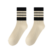 Zhuji Socks Womens Autumn and Winter Pure Cotton Mid-Tube Socks Black and White Striped Sports Trendy Winter Boneless Postpartum Stockings