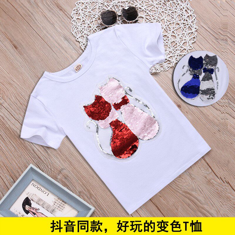 Children sequins variable pattern clothes change color Ocean school top Summer children's clothing double-sided girls cotton