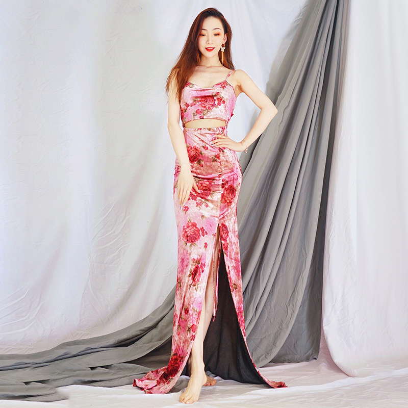 Binfu belly dance practice clothes 2021 new suit oriental dance winter style dance clothes printed long skirt performance clothes