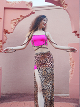 Binf belly dance leopard print practice suit summer stretch dance costume long skirt pink sexy oriental dance performance suit