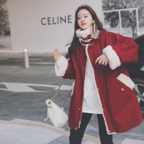 Red cargo Parker Lamb plush coat womens winter short style small cotton jacket Korean version loose plush thick cotton coat cotton clothing cotton suit