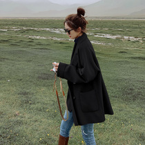 Black double-sided cashmere coat womens short autumn and winter temperament loose sen high-end small man suit woolen coat