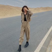 Casual fashion tooling set womens 2021 New early autumn foreign atmosphere age age jacket Hong Kong style retro chic two-piece set