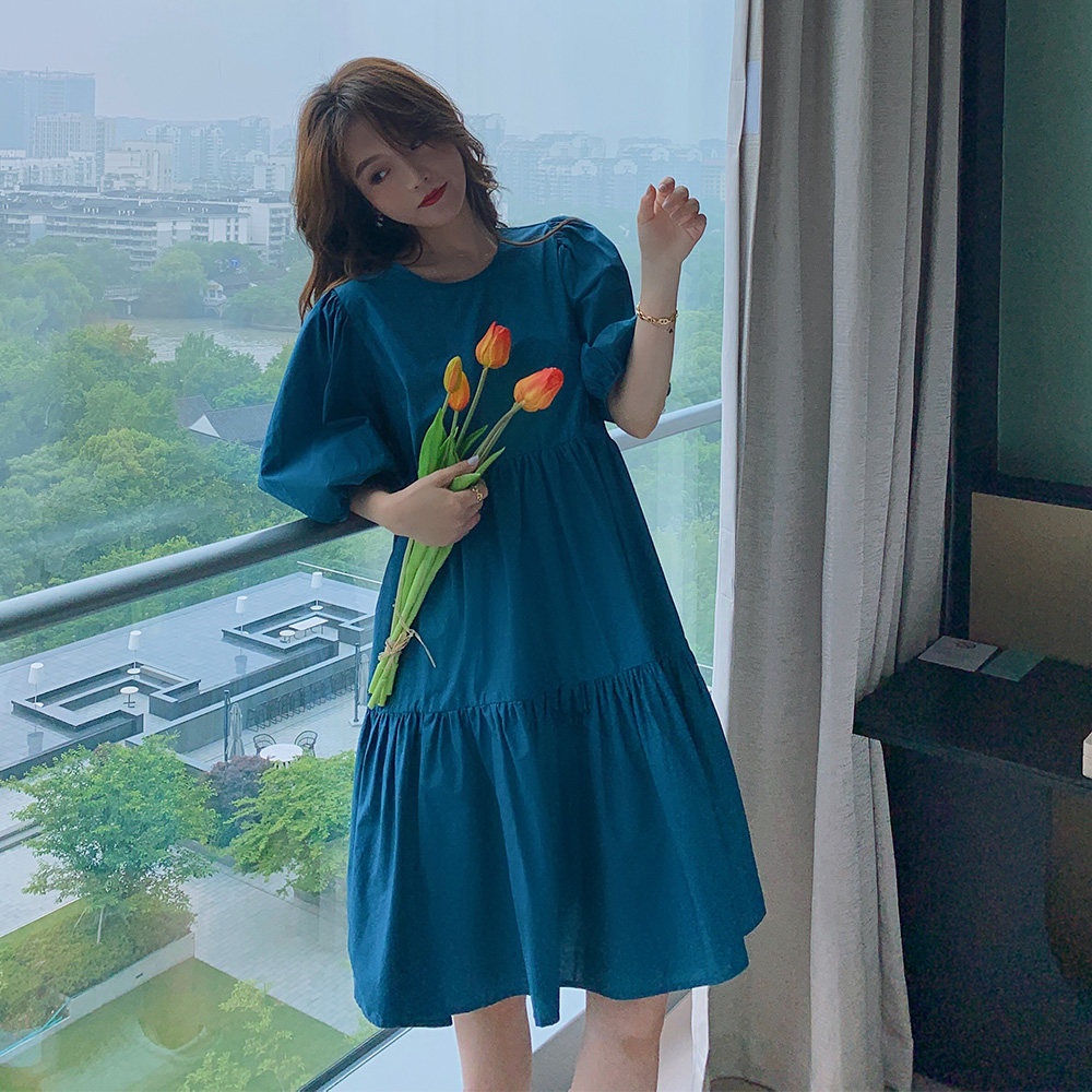 Style Balloon Flower Bubble Cuff Blue Ocean Dress Woman Little Subsummer 2022 New Sweet And Gentle First Love Doll Dress