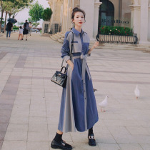 French niche Hepburn retro mosaic dress womens autumn long knee temperament waist thin shirt skirt