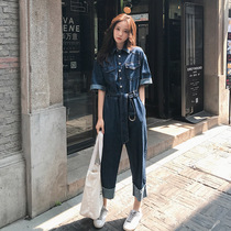Denim jumpsuit women 2021 new summer loose casual high waist slim tooling wide leg jumpsuit pants set thin
