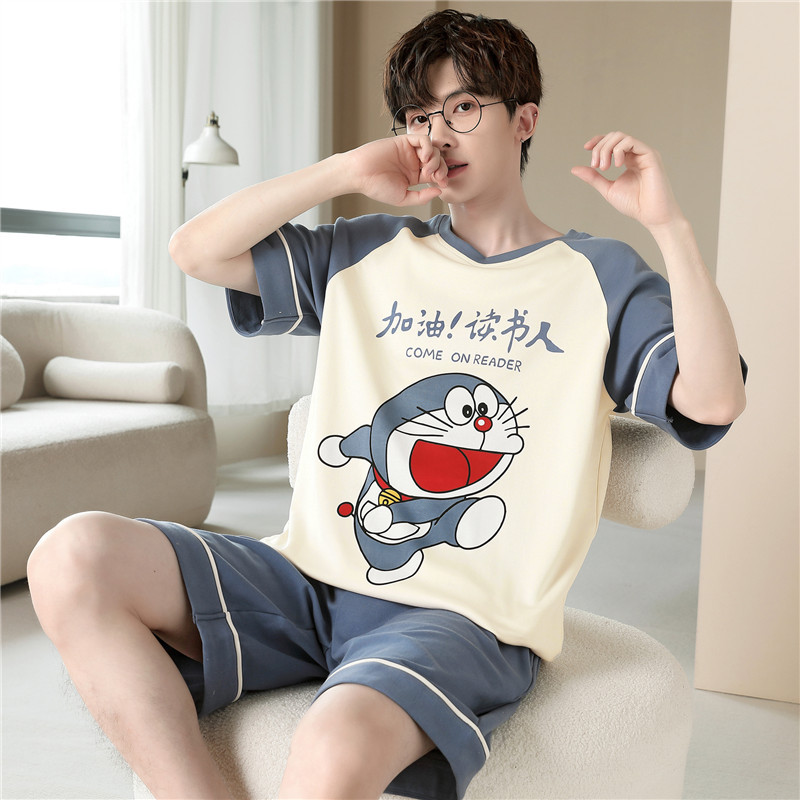 Big Kids' Summer Short-Sleeve Thin Cotton Pajamas for Boys, Suitable for Teenagers and Middle School Students Aged 10-12-13, Boys' Loungewear