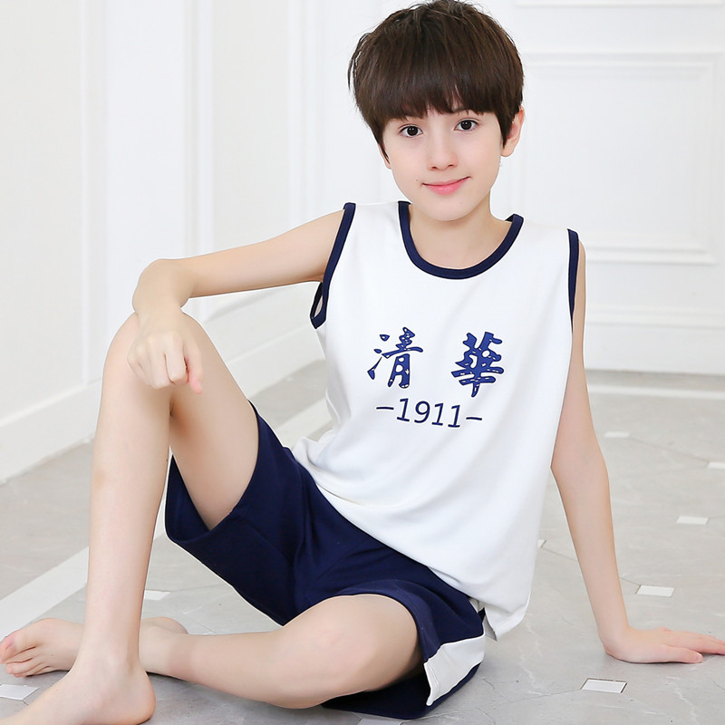 Teenage Boys' Pajamas, 12-Year-Old Short-Sleeved Pure Cotton, 15-Year-Old Junior High School Students, Middle-Aged Children's Vests, Sleeveless Summer Home Clothes