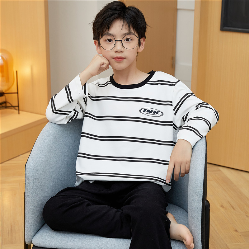 Teenage Boys' Pajamas, 12-Year-Old Long-Sleeved Pure Cotton, 15-Year-Old Junior High School Students, Boys, Middle and Older Children, Spring, Autumn and Summer Home Clothes