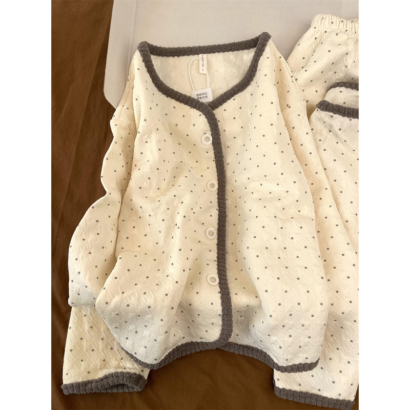 Sweet Contrasting Color Polka Dot Air-Padded Cute Warm Long-Sleeved Pajamas for Women in Autumn Loose-Fitting Long Pants Home Wear Set