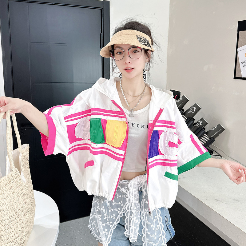 White Hooded Shirt, Short, Loose, Drawstring, Color-Blocking, Stylish Design, Versatile Batwing Sleeve Top