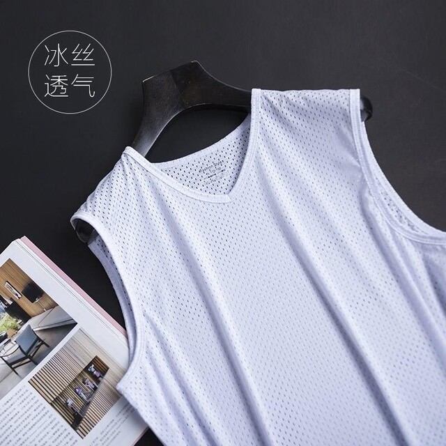 ເສື້ອຍືດຜ້າຕາຫນ່າງ ice slim men's elastic mesh casual round neck thin men's mesh slim sweat vest sexy tough guy trend