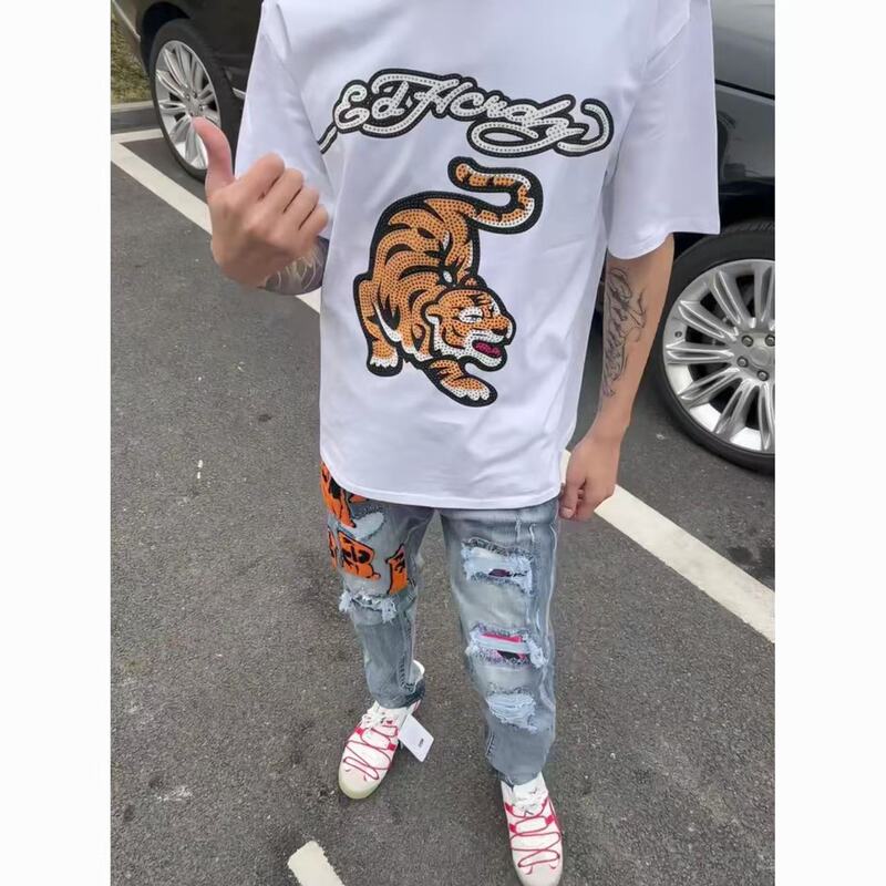 2025 Luxury Trendy Brand Summer Heavy-Duty Tiger Head Short-Sleeve T-Shirt Pure Cotton Internet Celebrity Hot-Selling Rhinestone Down-Hill Tiger Short-Sleeve 2025 Luxury Trendy Brand Summer Heavy-Duty Tiger Head Short-Sleeve T-Shirt Pure Cotton Internet Celebrity Hot-Selling Rhinestone Down-Hill Tiger Short-Sleeve
