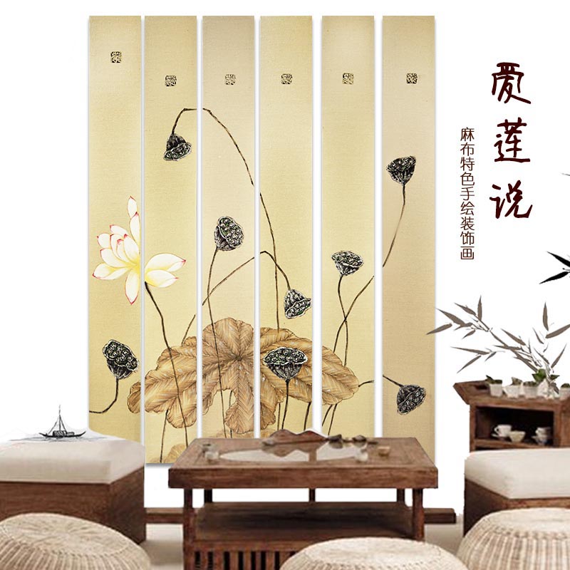 China Wind Decoration Xuanguan Living Room Wood Frame Prints linen texture Texture Fabrics Hand-painted Vegetative Flower Hand-drawn Painting