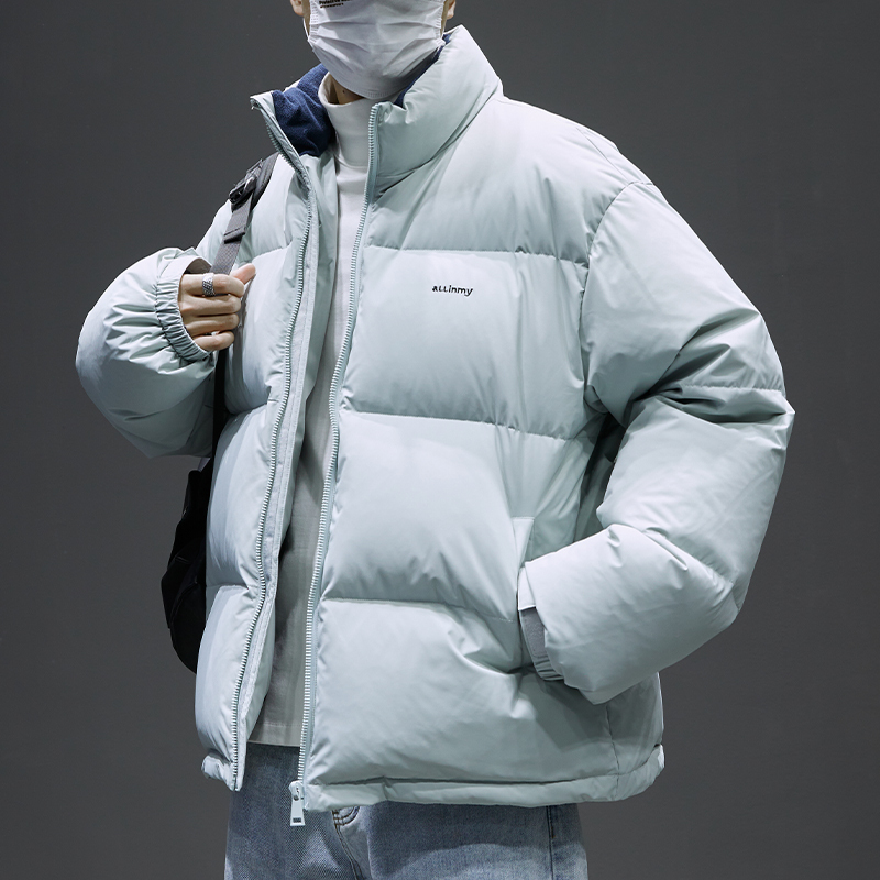 Men's Winter down Jacket with 80% White Duck Down, Thickened for Warmth, Stand-Up Collar, Puffer Style, Haze Blue, Couple's Coat, Trendy