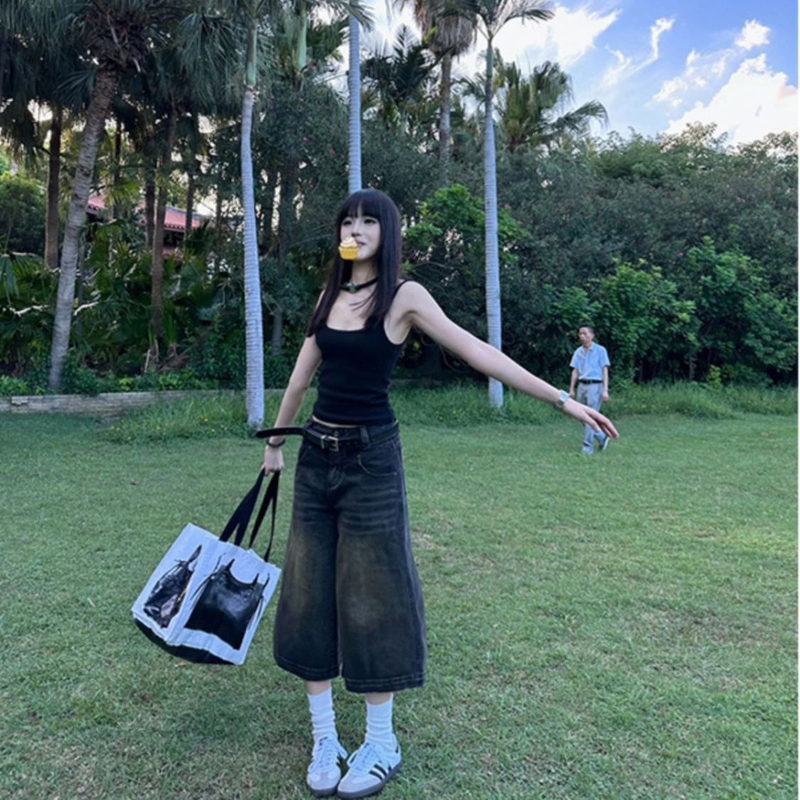 Niche Clothing American-Style High-Waisted Wide-Leg Cropped Pants Loose Washed Vintage Blue Denim Shorts