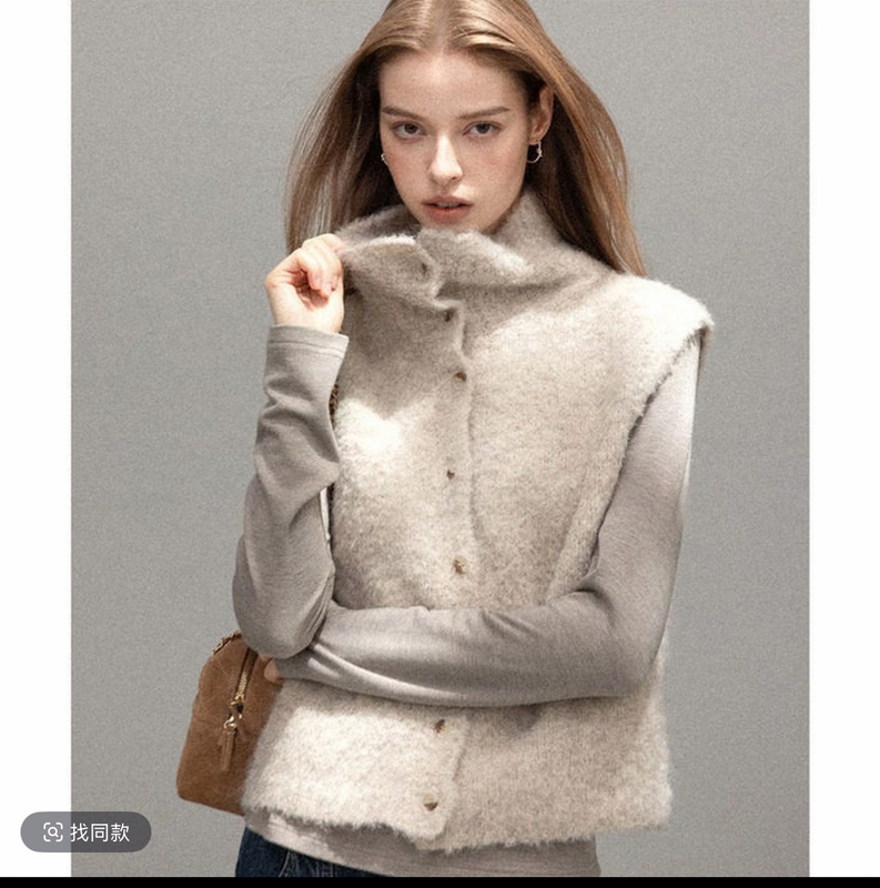 58-114 Alpaca Looped Wool Thickened Stand-Up Collar Cardigan Vest J1