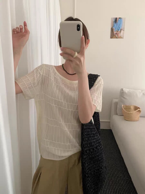 61-11120 Korean Retro Ribbed Off-Shoulder Textured Design Short-Sleeve K1