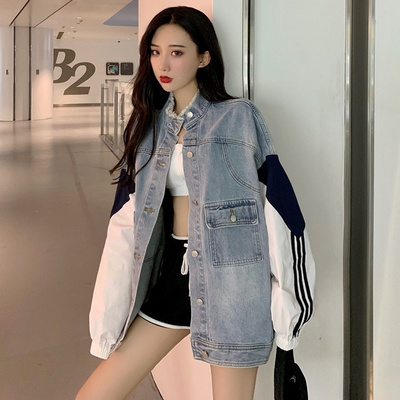 2020 mùa xuân và mùa thu trang phục mới hit-and-run lỏng khâu dài tay áo dài dài mặc phụ nữ retro bf gió denim jacket hàng đầu 