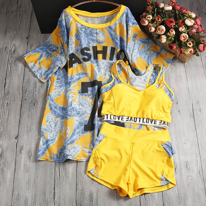 Korean hot spring sports three-piece swimsuit students large size conservative, thin high waist two-piece swimsuit woman