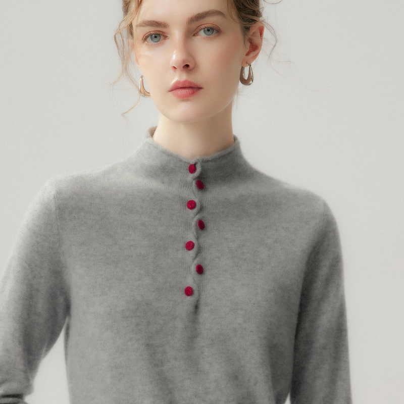 Autumn and Winter Cashmere Sweater for Women, Half Turtleneck Pullover, Long-Sleeved Sweater, Colorful Buttons, Color-Blocking, Warm Knitted Base Layer